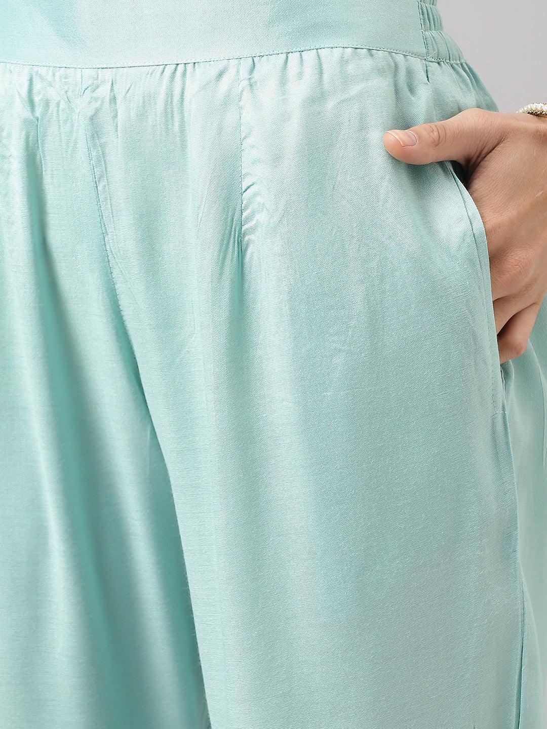 Sea Green Muslin Embroidery Kurta Pant Set With Organza Dupatta | LASVINI - Redefining Indian Fashion with Elegance