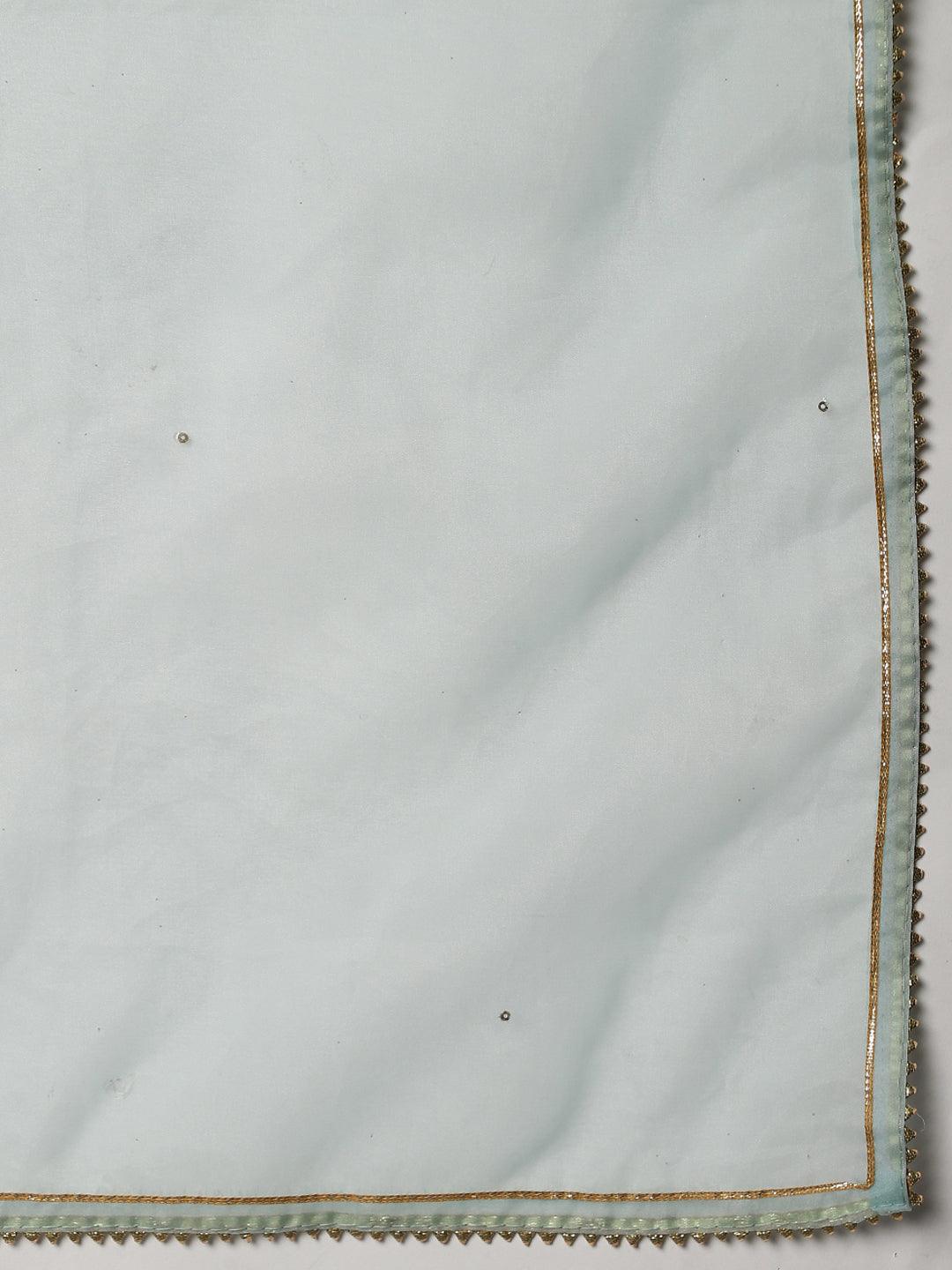 Sea Green Muslin Embroidery Kurta Pant Set With Organza Dupatta | LASVINI - Redefining Indian Fashion with Elegance