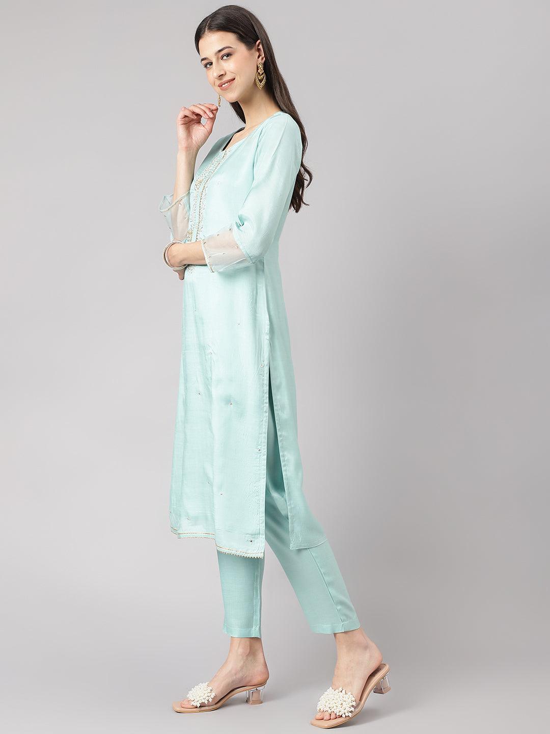 Sea Green Muslin Embroidery Kurta Pant Set With Organza Dupatta | LASVINI - Redefining Indian Fashion with Elegance