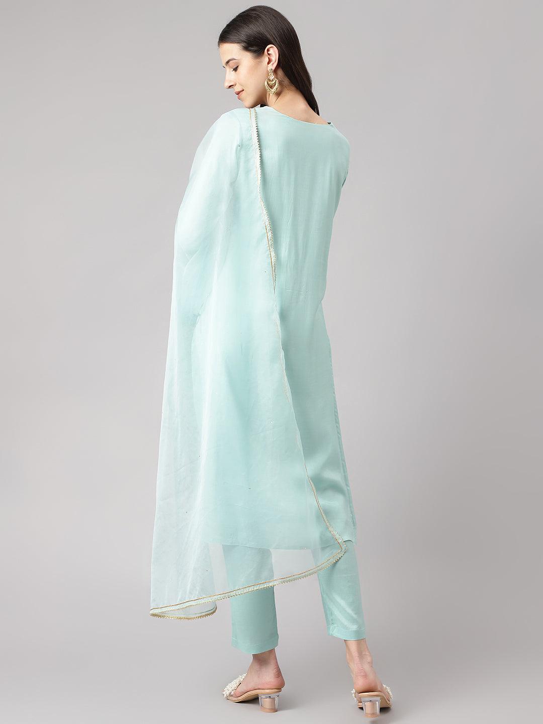 Sea Green Muslin Embroidery Kurta Pant Set With Organza Dupatta | LASVINI - Redefining Indian Fashion with Elegance