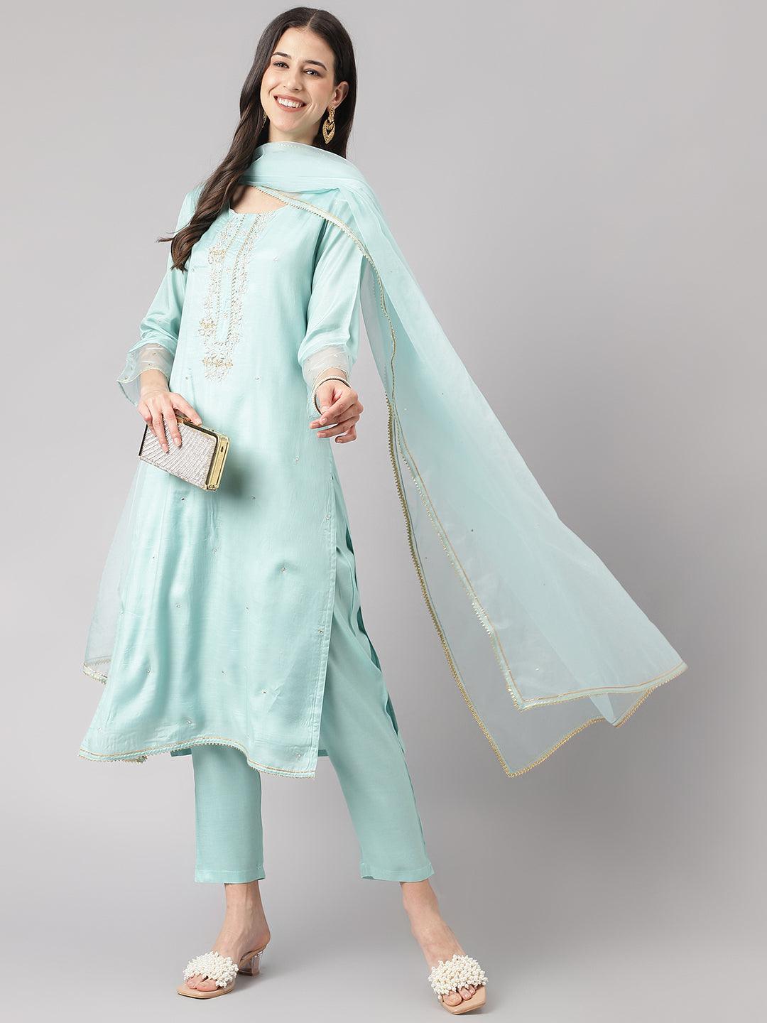 Sea Green Muslin Embroidery Kurta Pant Set With Organza Dupatta | LASVINI - Redefining Indian Fashion with Elegance