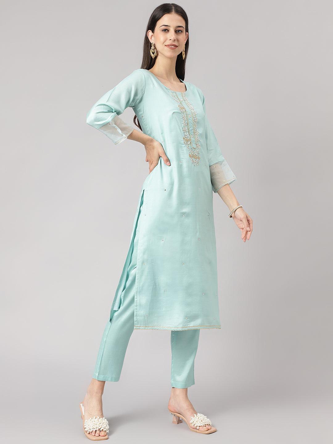 Sea Green Muslin Embroidery Kurta Pant Set With Organza Dupatta | LASVINI - Redefining Indian Fashion with Elegance