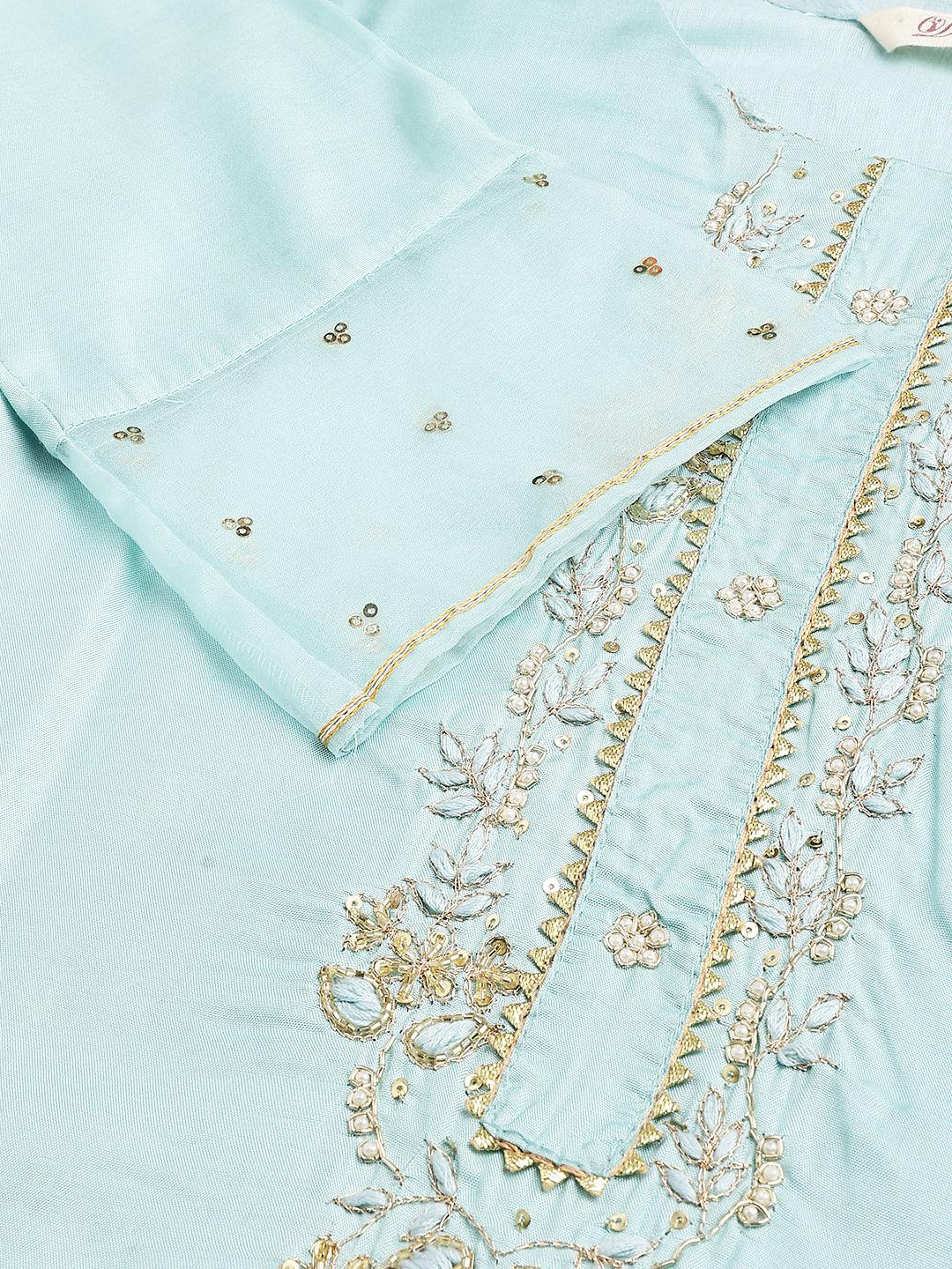 Sea Green Muslin Embroidery Kurta Pant Set With Organza Dupatta | LASVINI - Redefining Indian Fashion with Elegance