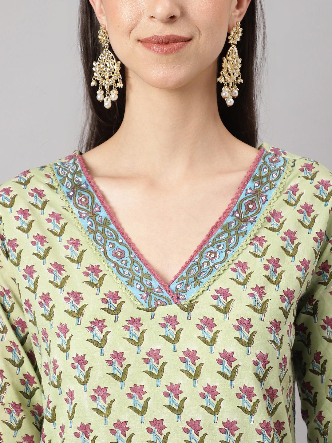 Green And White Cotton Hand Block Printed Kurta Pant Set With Dupatta | LASVINI - Redefining Indian Fashion with Elegance