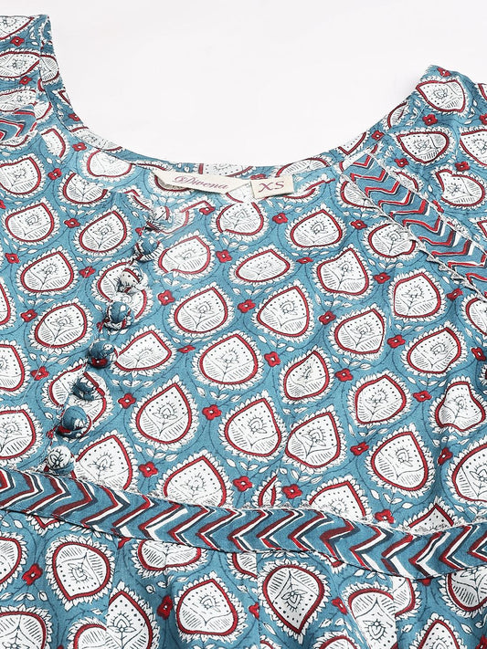 Turquoise Blue Cotton Anarkali Kurta Pant Set With Dupatta | LASVINI - Redefining Indian Fashion with Elegance