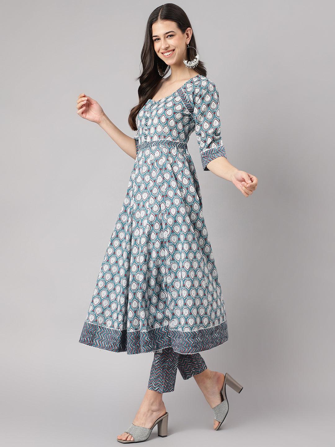 Turquoise Blue Cotton Anarkali Kurta Pant Set With Dupatta | LASVINI - Redefining Indian Fashion with Elegance