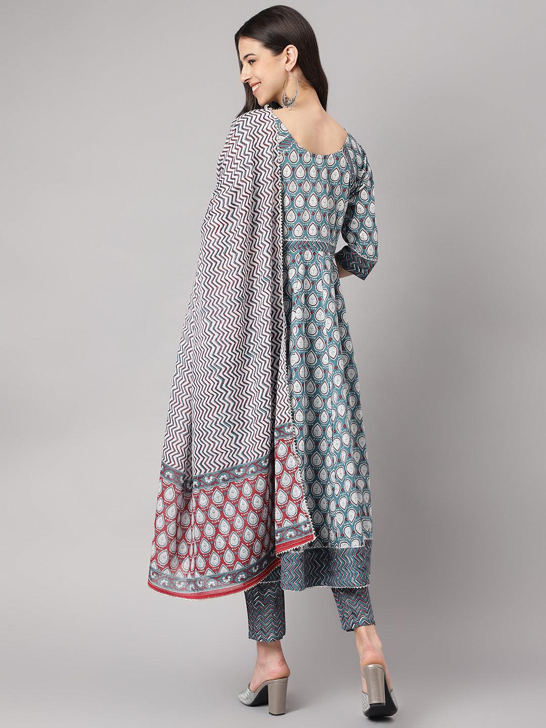 Turquoise Blue Cotton Anarkali Kurta Pant Set With Dupatta | LASVINI - Redefining Indian Fashion with Elegance