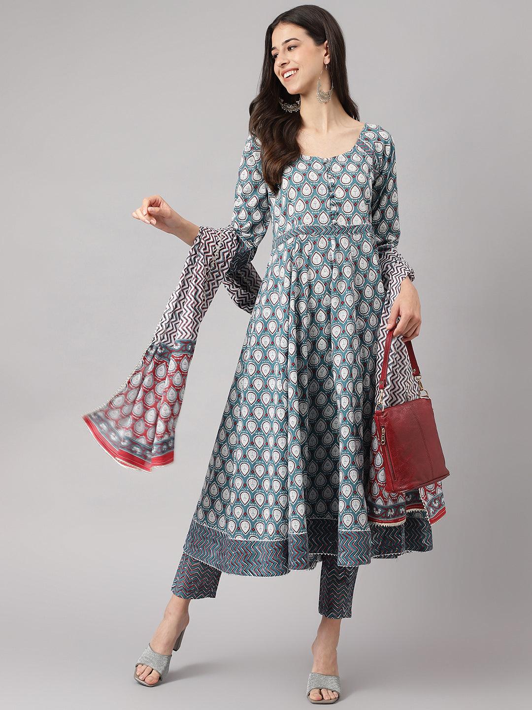 Turquoise Blue Cotton Anarkali Kurta Pant Set With Dupatta | LASVINI - Redefining Indian Fashion with Elegance