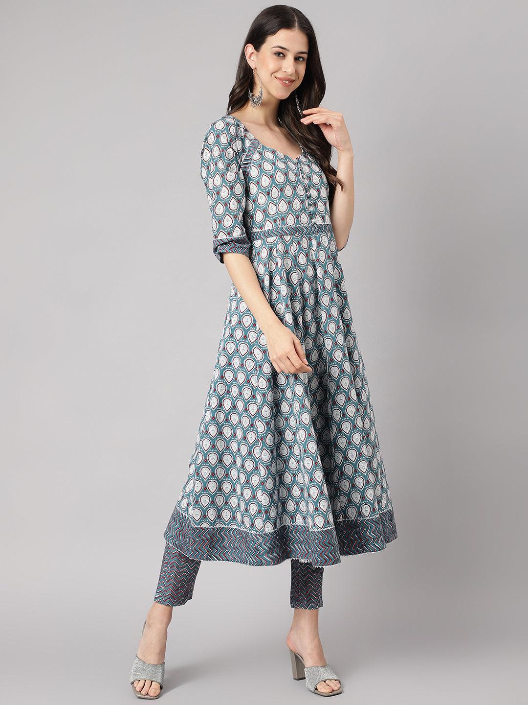 Turquoise Blue Cotton Anarkali Kurta Pant Set With Dupatta | LASVINI - Redefining Indian Fashion with Elegance
