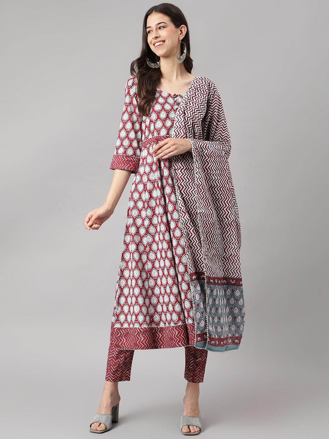 Maroon Cotton Anarkali Kurta Pant Set With Dupatta | LASVINI - Redefining Indian Fashion with Elegance