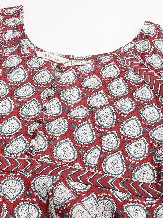 Maroon Cotton Anarkali Kurta Pant Set With Dupatta | LASVINI - Redefining Indian Fashion with Elegance