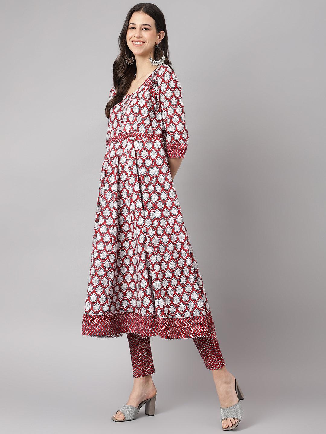 Maroon Cotton Anarkali Kurta Pant Set With Dupatta | LASVINI - Redefining Indian Fashion with Elegance