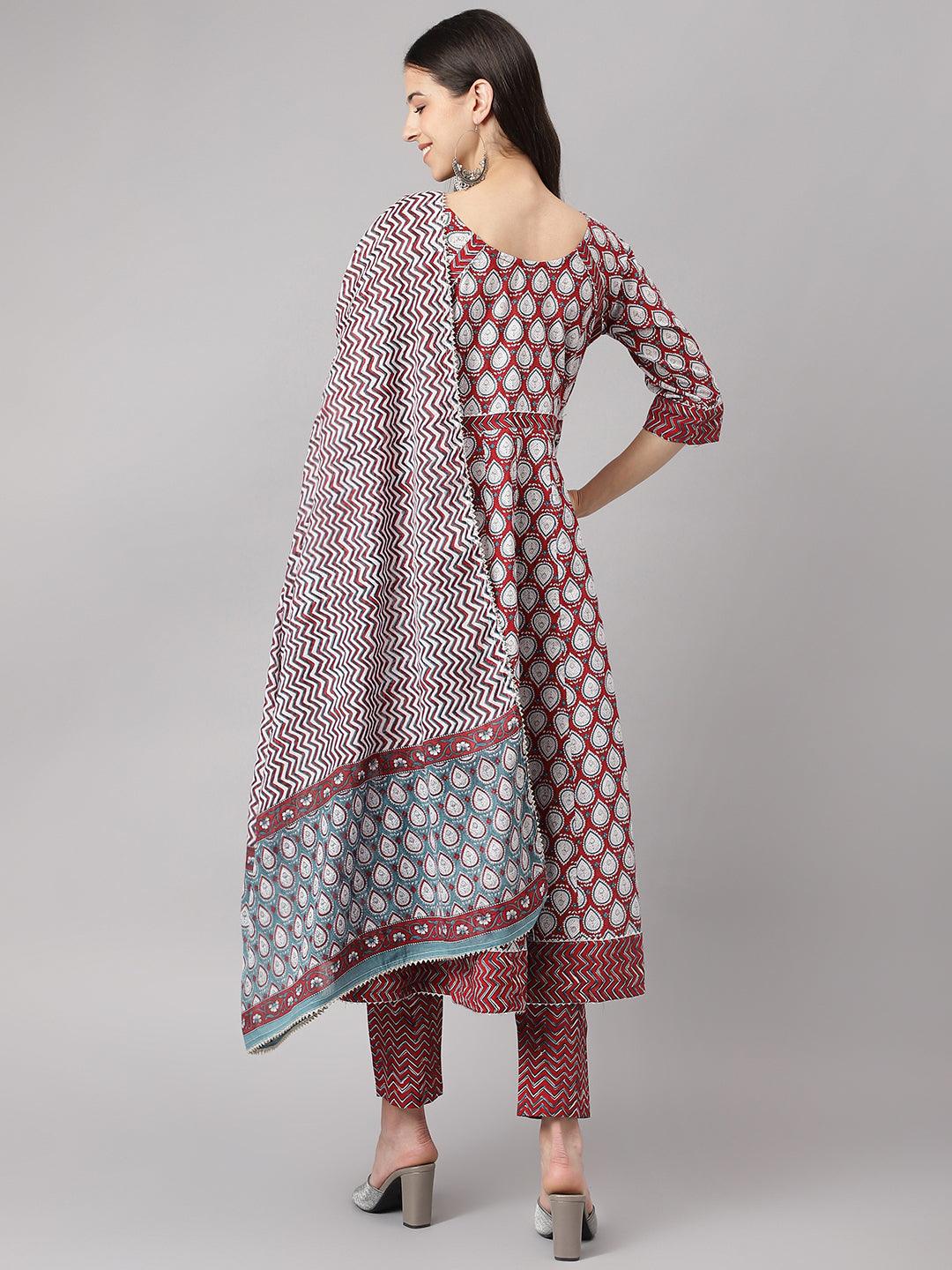 Maroon Cotton Anarkali Kurta Pant Set With Dupatta | LASVINI - Redefining Indian Fashion with Elegance