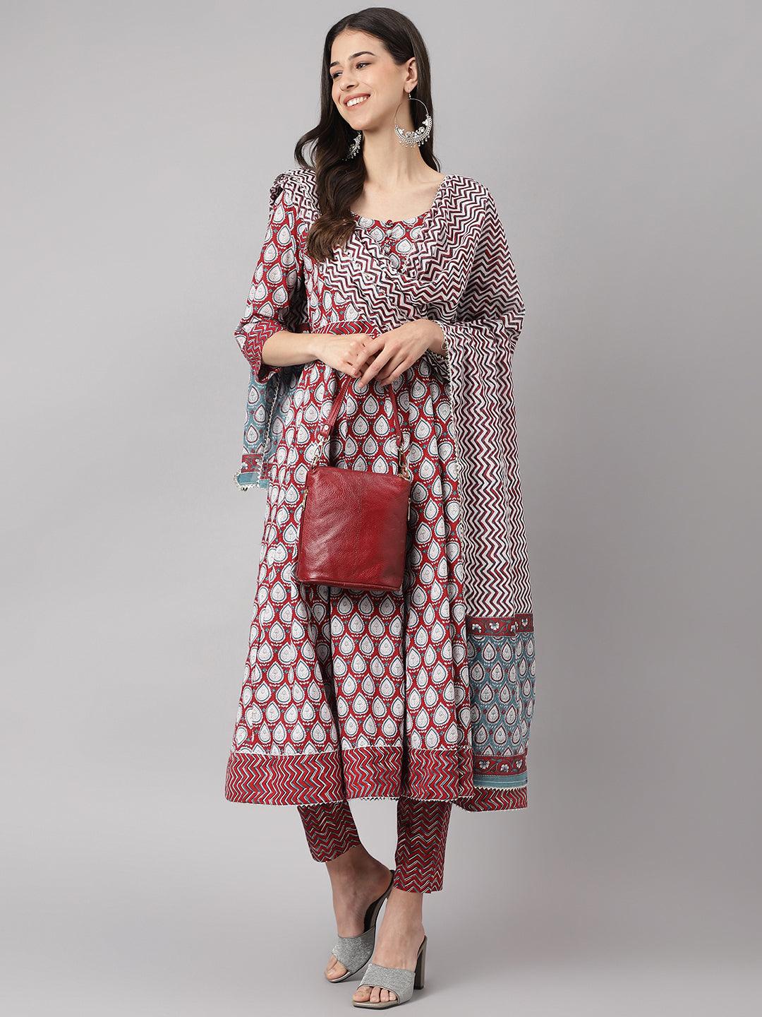 Maroon Cotton Anarkali Kurta Pant Set With Dupatta | LASVINI - Redefining Indian Fashion with Elegance