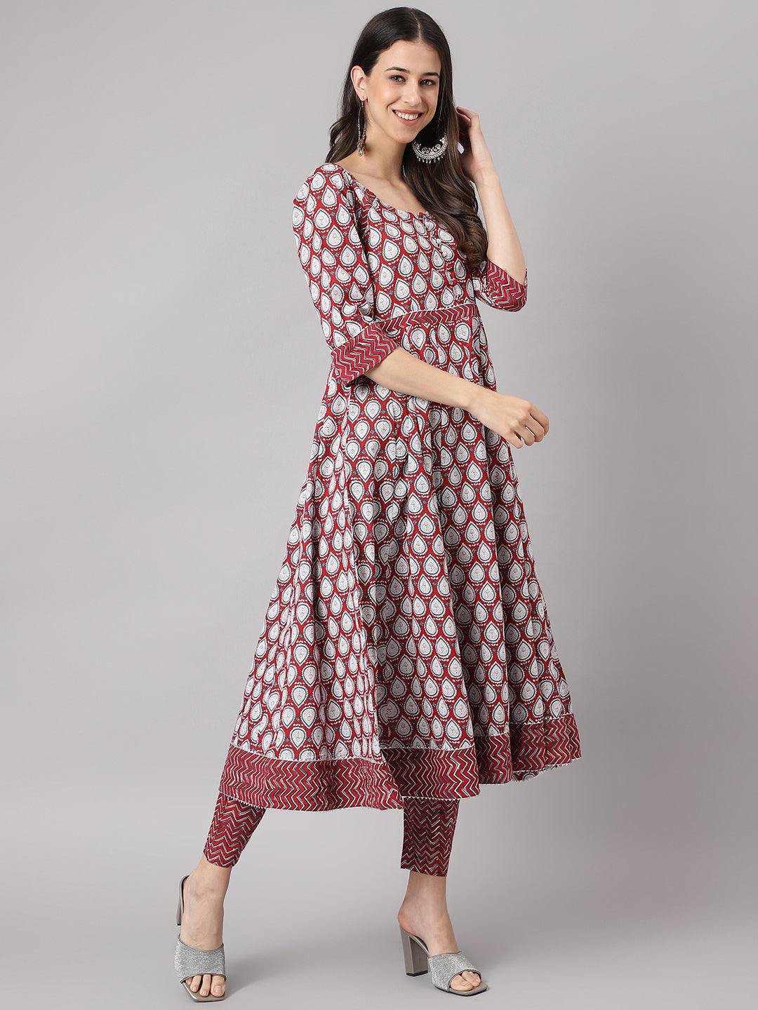 Maroon Cotton Anarkali Kurta Pant Set With Dupatta | LASVINI - Redefining Indian Fashion with Elegance