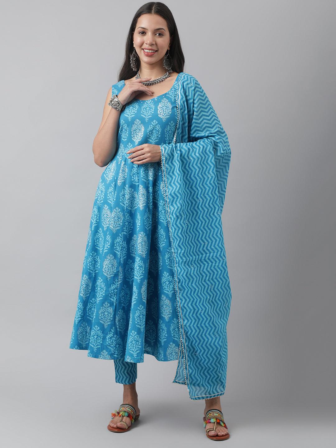 Turquoise Blue Floral Cotton Anarkali Kurta Pant Set With Dupatta | LASVINI - Redefining Indian Fashion with Elegance