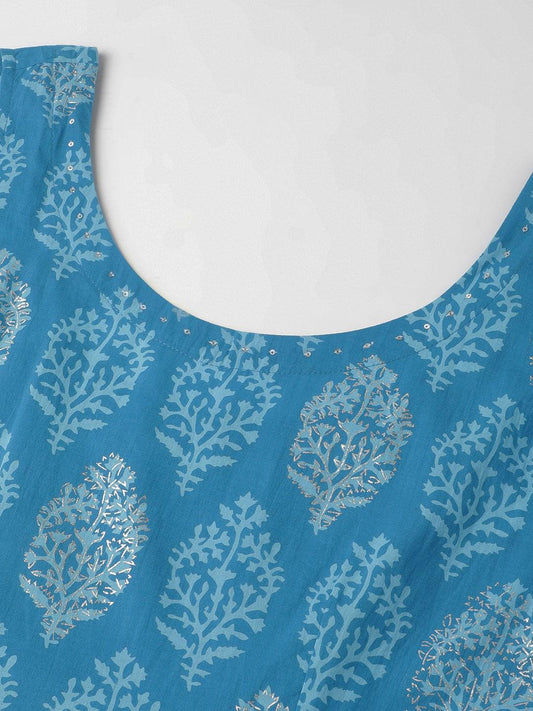 Turquoise Blue Floral Cotton Anarkali Kurta Pant Set With Dupatta | LASVINI - Redefining Indian Fashion with Elegance