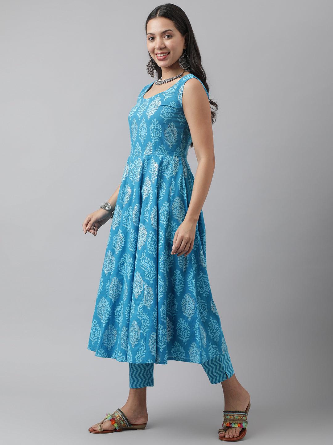 Turquoise Blue Floral Cotton Anarkali Kurta Pant Set With Dupatta | LASVINI - Redefining Indian Fashion with Elegance