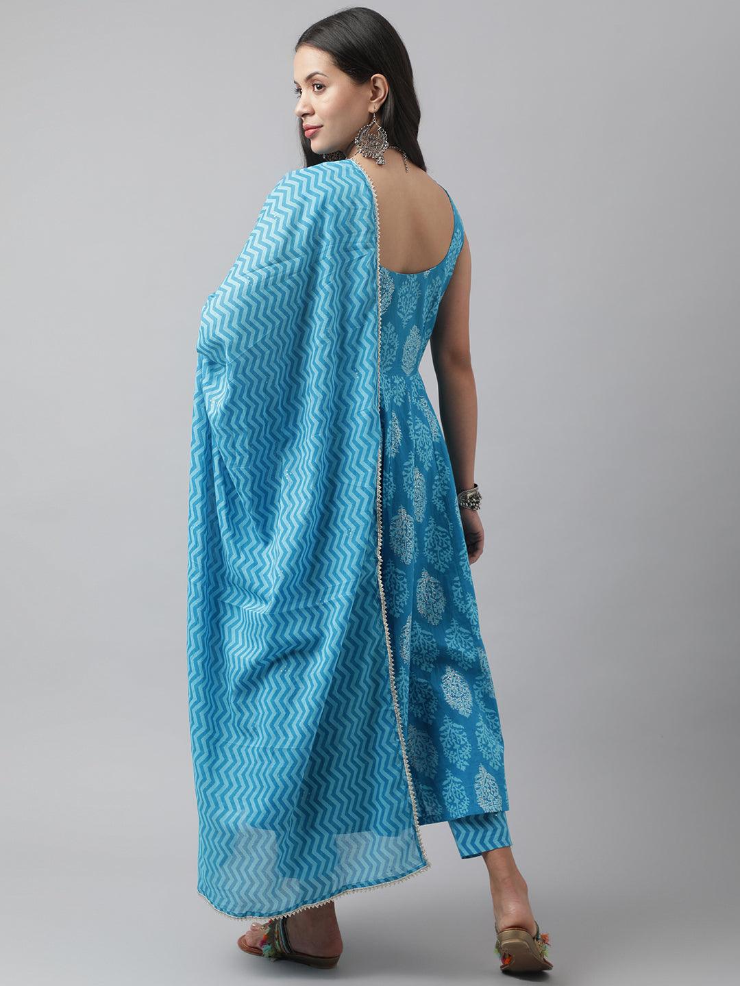 Turquoise Blue Floral Cotton Anarkali Kurta Pant Set With Dupatta | LASVINI - Redefining Indian Fashion with Elegance