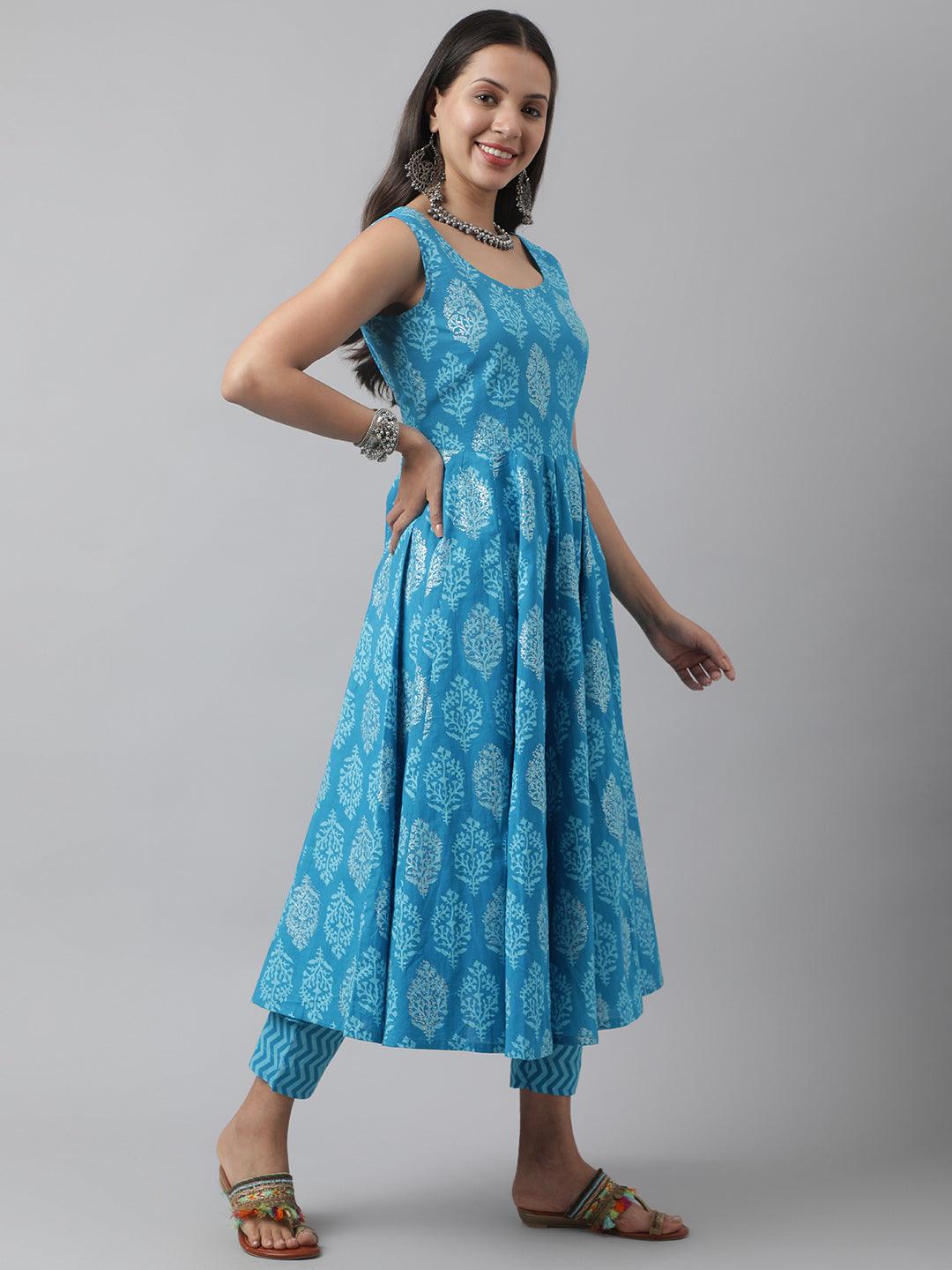 Turquoise Blue Floral Cotton Anarkali Kurta Pant Set With Dupatta | LASVINI - Redefining Indian Fashion with Elegance