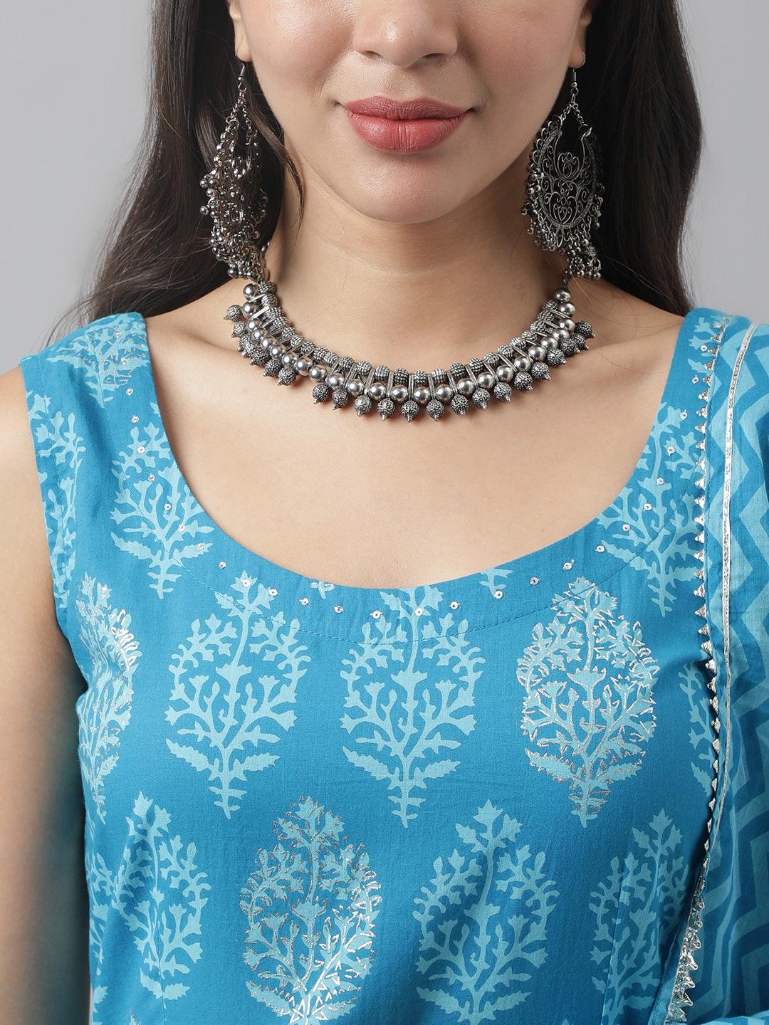 Turquoise Blue Floral Cotton Anarkali Kurta Pant Set With Dupatta | LASVINI - Redefining Indian Fashion with Elegance