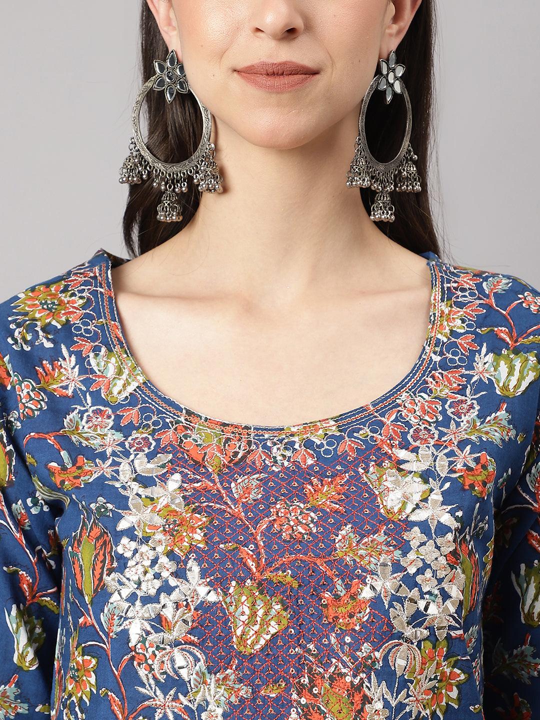 Blue Floral Printed Kurta Pant Set With Dupatta | LASVINI - Redefining Indian Fashion with Elegance