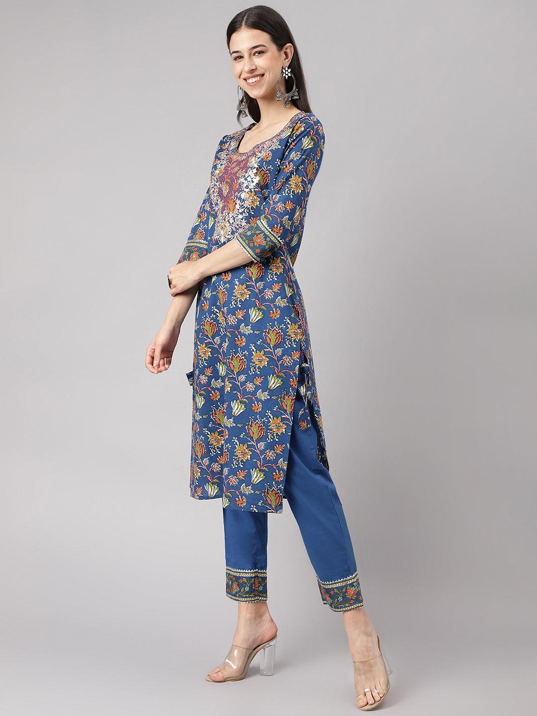 Blue Floral Printed Kurta Pant Set With Dupatta | LASVINI - Redefining Indian Fashion with Elegance