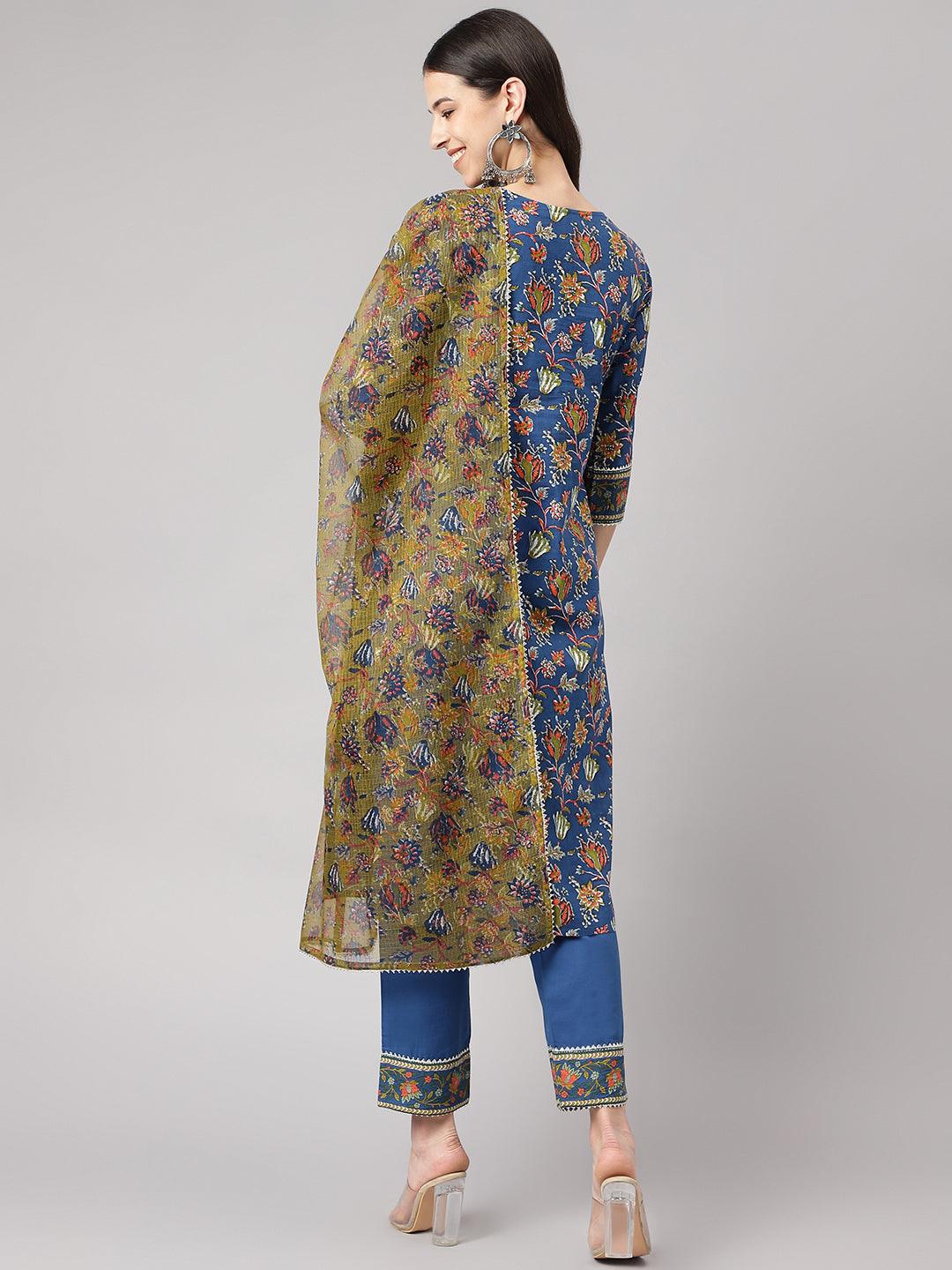 Blue Floral Printed Kurta Pant Set With Dupatta | LASVINI - Redefining Indian Fashion with Elegance