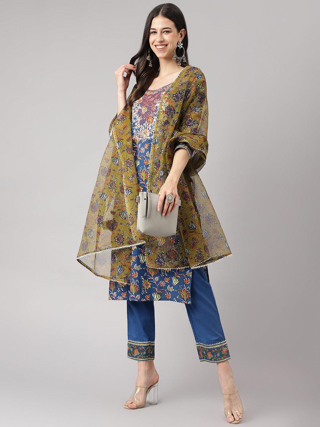 Blue Floral Printed Kurta Pant Set With Dupatta | LASVINI - Redefining Indian Fashion with Elegance