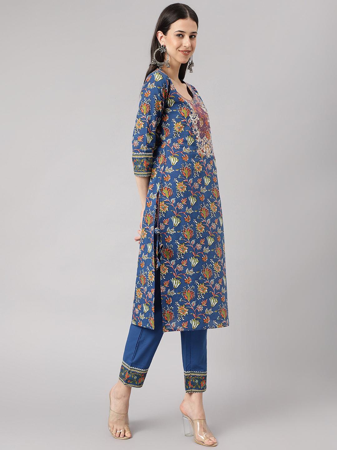 Blue Floral Printed Kurta Pant Set With Dupatta | LASVINI - Redefining Indian Fashion with Elegance