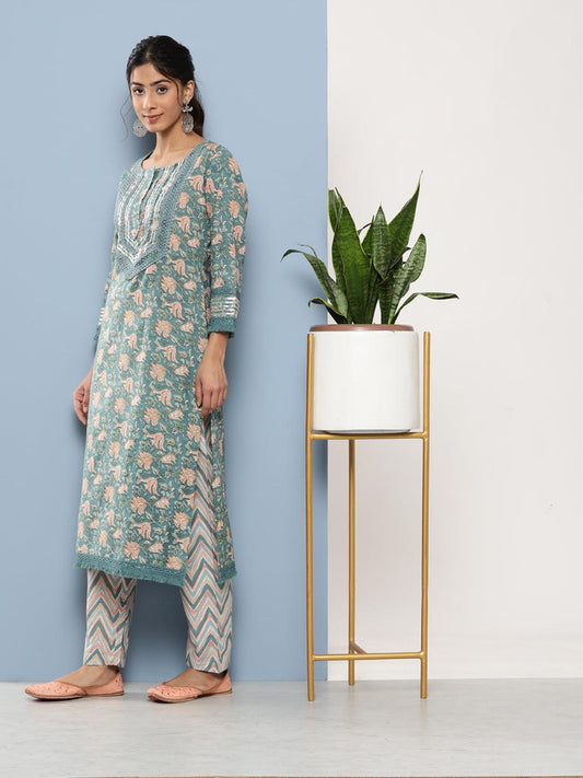 Teal Blue Cotton Straight Pant Set With Dupatta | LASVINI - Redefining Indian Fashion with Elegance