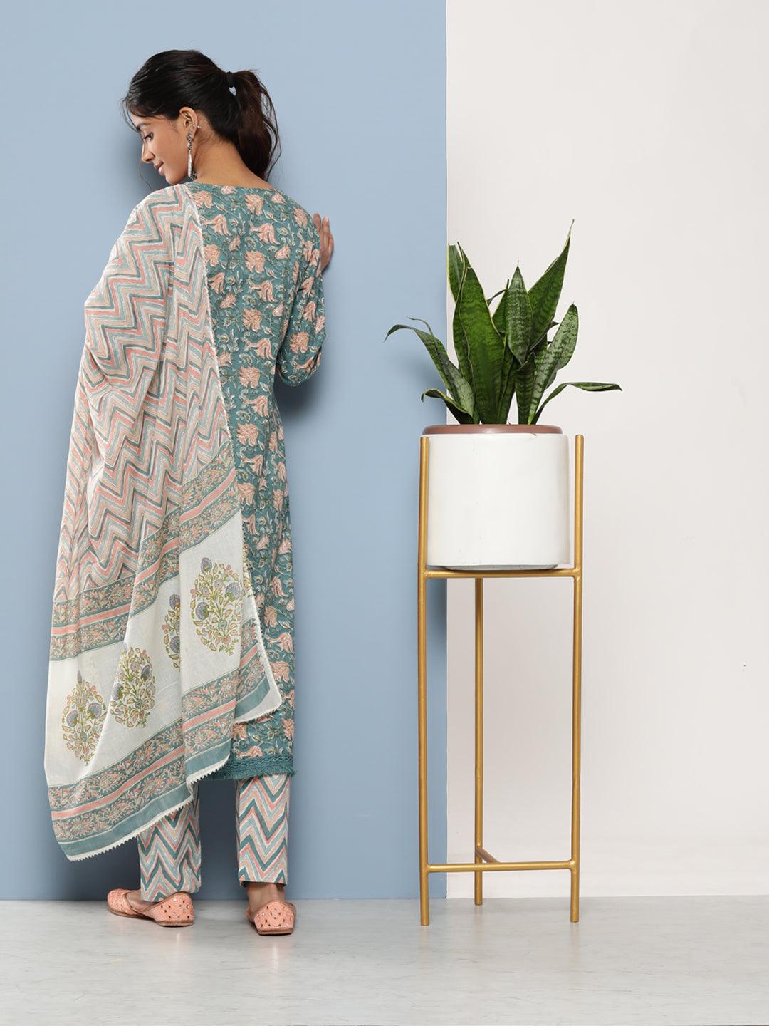 Teal Blue Cotton Straight Pant Set With Dupatta | LASVINI - Redefining Indian Fashion with Elegance