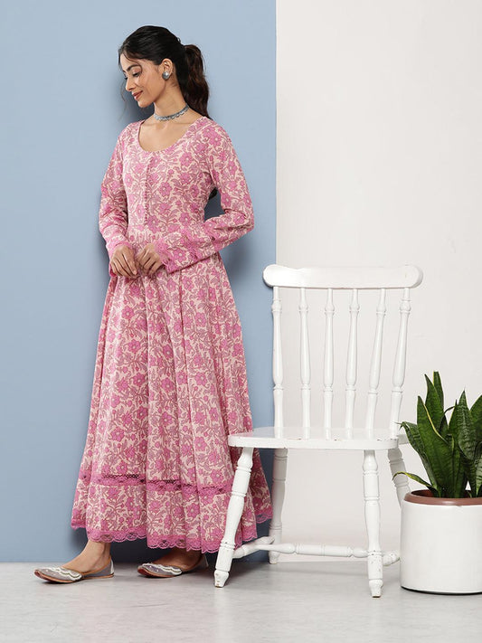 Lilac Floral Printed Anarkali Kurta Pant Set With Dupatta | LASVINI - Redefining Indian Fashion with Elegance