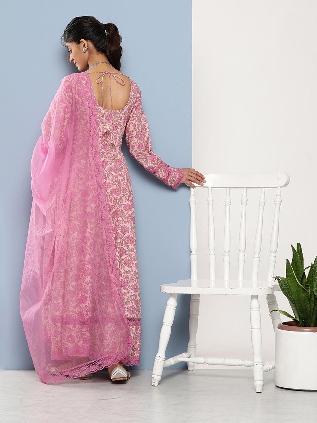 Lilac Floral Printed Anarkali Kurta Pant Set With Dupatta | LASVINI - Redefining Indian Fashion with Elegance