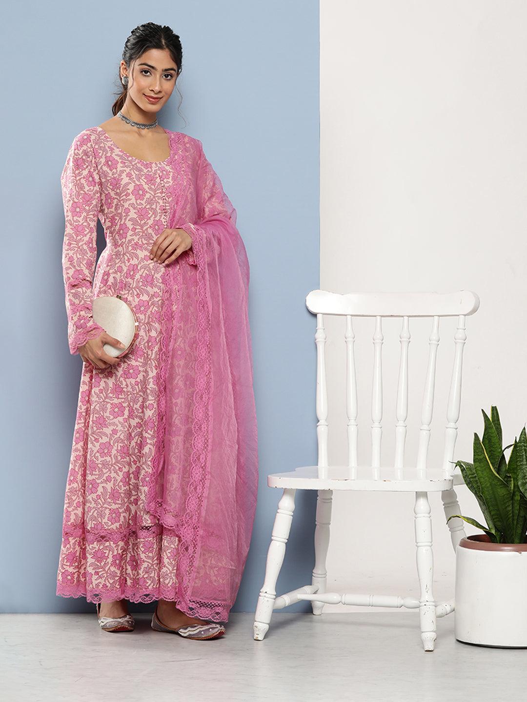Lilac Floral Printed Anarkali Kurta Pant Set With Dupatta | LASVINI - Redefining Indian Fashion with Elegance