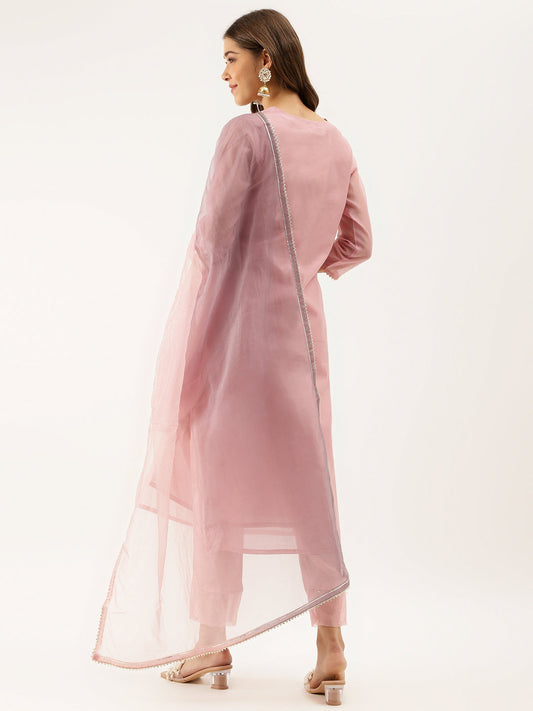 Women Pink Embroidered Chanderi Kurta With Trouser & Organza Dupatta | LASVINI - Redefining Indian Fashion with Elegance