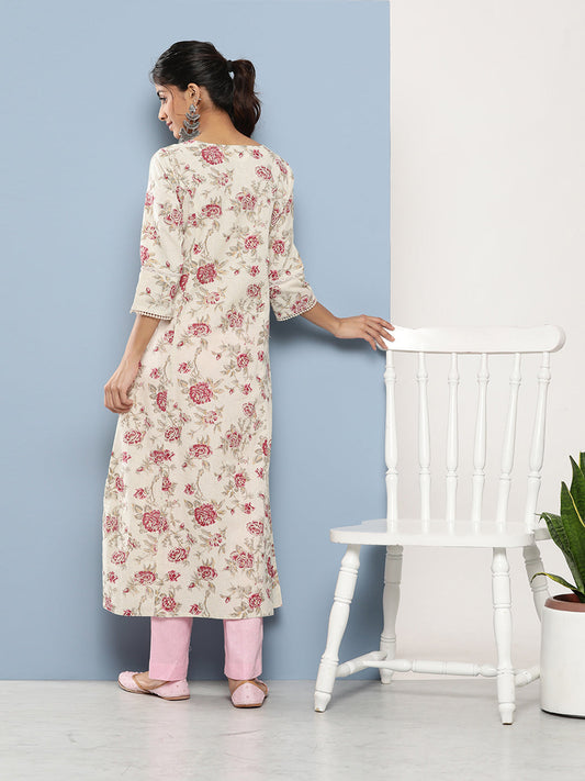 Off White Women Floral Printed Cotton Kurta | LASVINI - Redefining Indian Fashion with Elegance