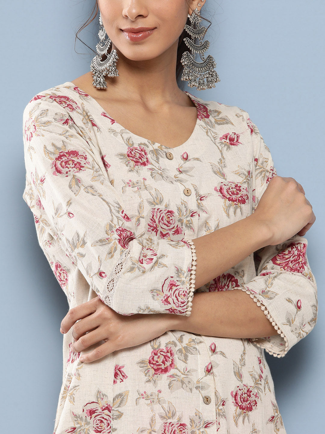 Off White Women Floral Printed Cotton Kurta | LASVINI - Redefining Indian Fashion with Elegance