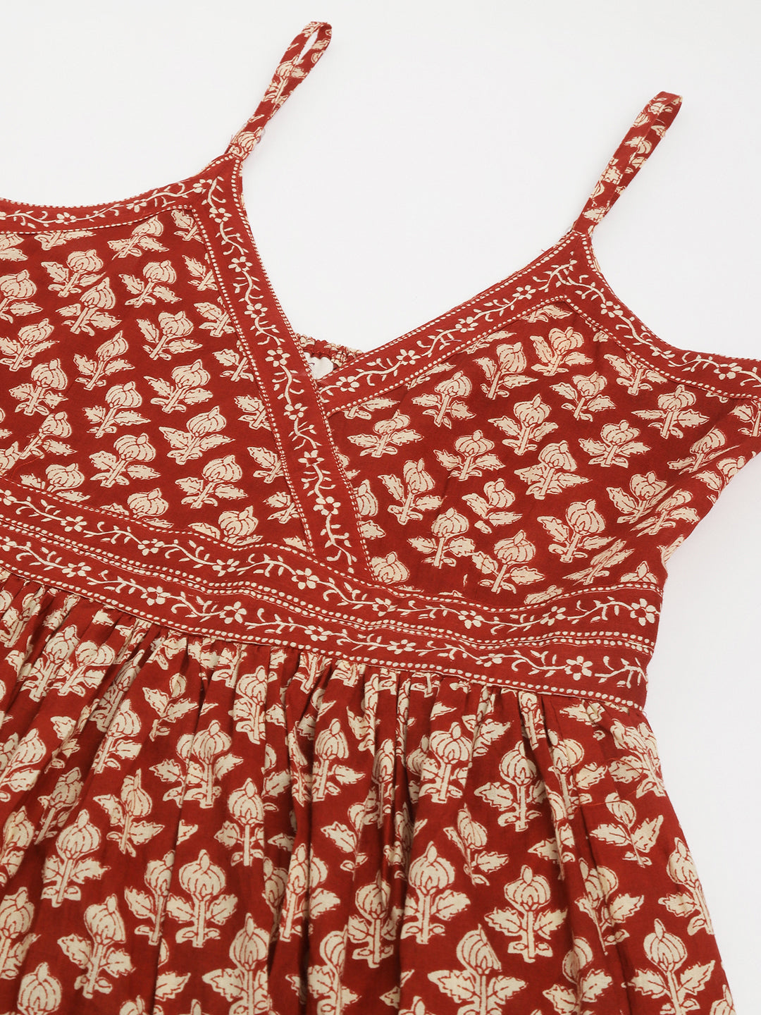 Maroon Floral Printed Cotton Tiered Dress | LASVINI - Redefining Indian Fashion with Elegance