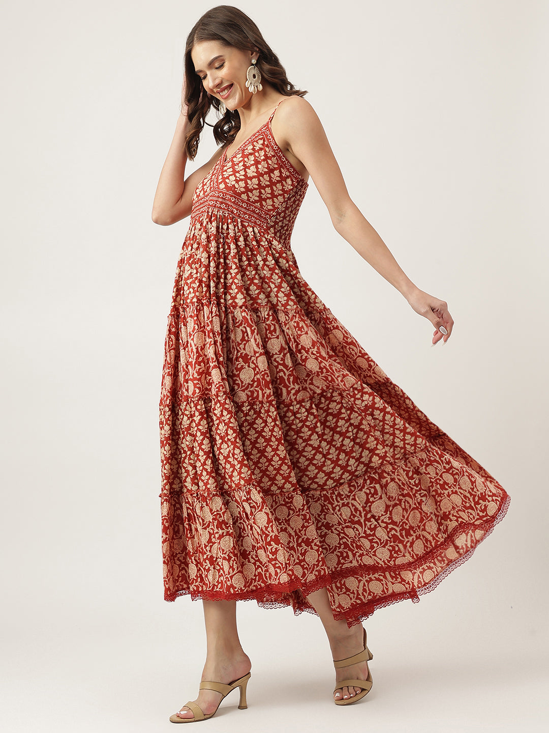Maroon Floral Printed Cotton Tiered Dress | LASVINI - Redefining Indian Fashion with Elegance
