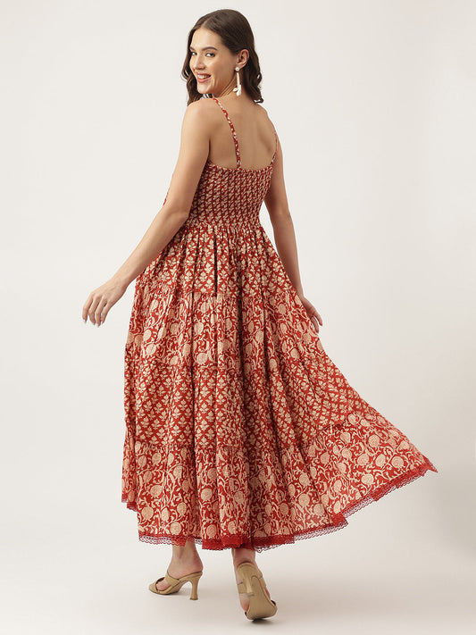 Maroon Floral Printed Cotton Tiered Dress | LASVINI - Redefining Indian Fashion with Elegance