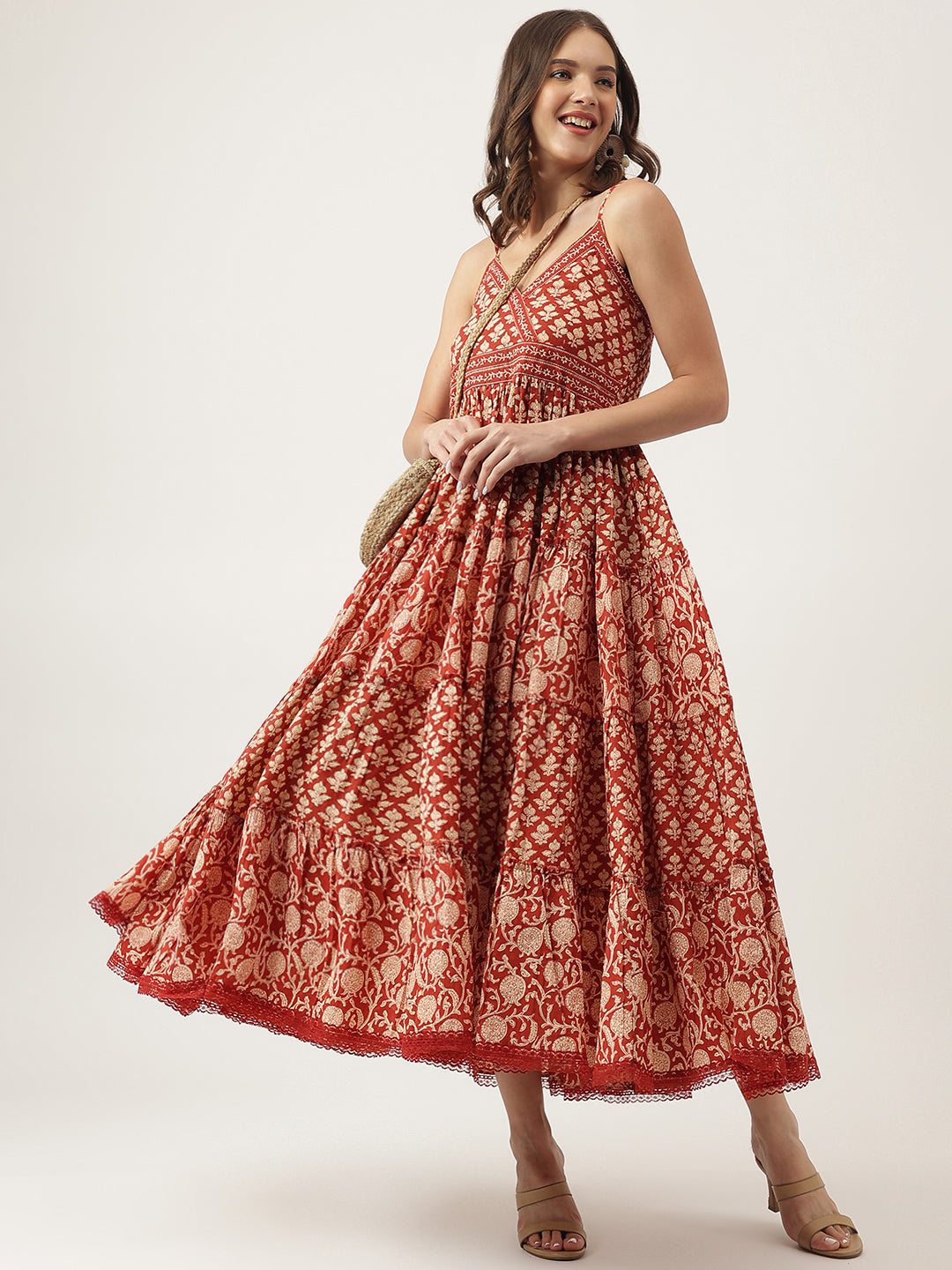 Maroon Floral Printed Cotton Tiered Dress | LASVINI - Redefining Indian Fashion with Elegance