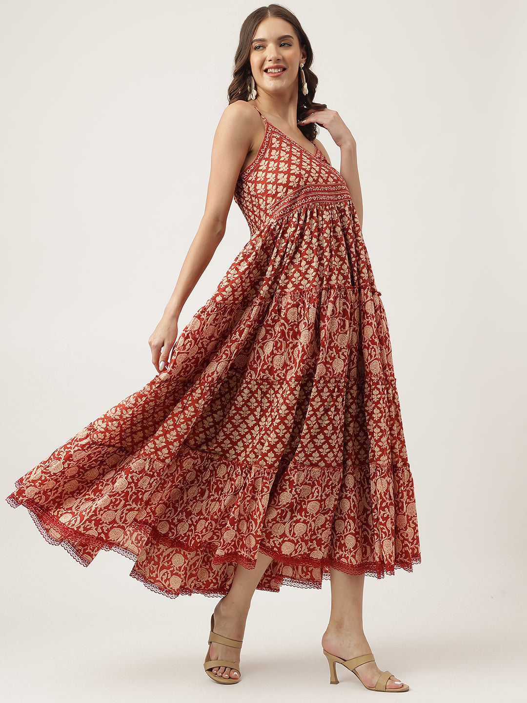 Maroon Floral Printed Cotton Tiered Dress | LASVINI - Redefining Indian Fashion with Elegance