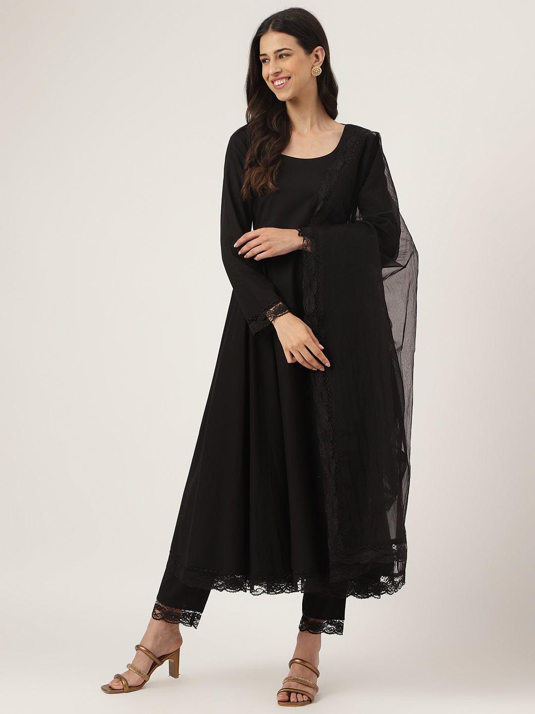 Black Solid Anarkali Kurta Pant Set With Dupatta | LASVINI - Redefining Indian Fashion with Elegance