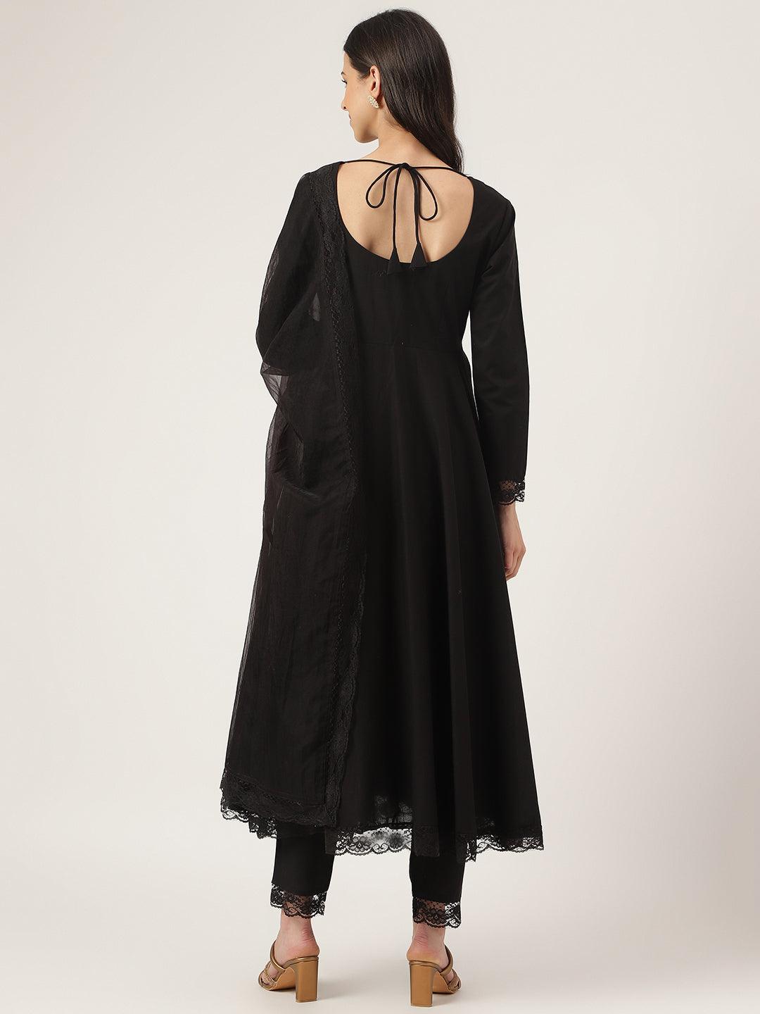 Black Solid Anarkali Kurta Pant Set With Dupatta | LASVINI - Redefining Indian Fashion with Elegance