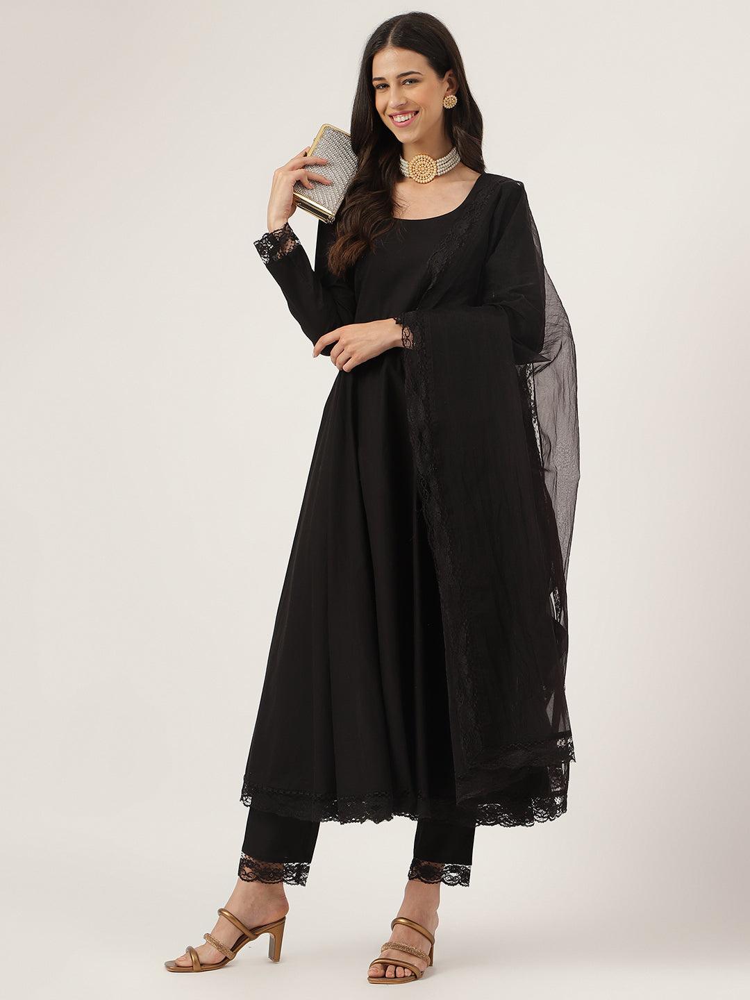 Black Solid Anarkali Kurta Pant Set With Dupatta | LASVINI - Redefining Indian Fashion with Elegance