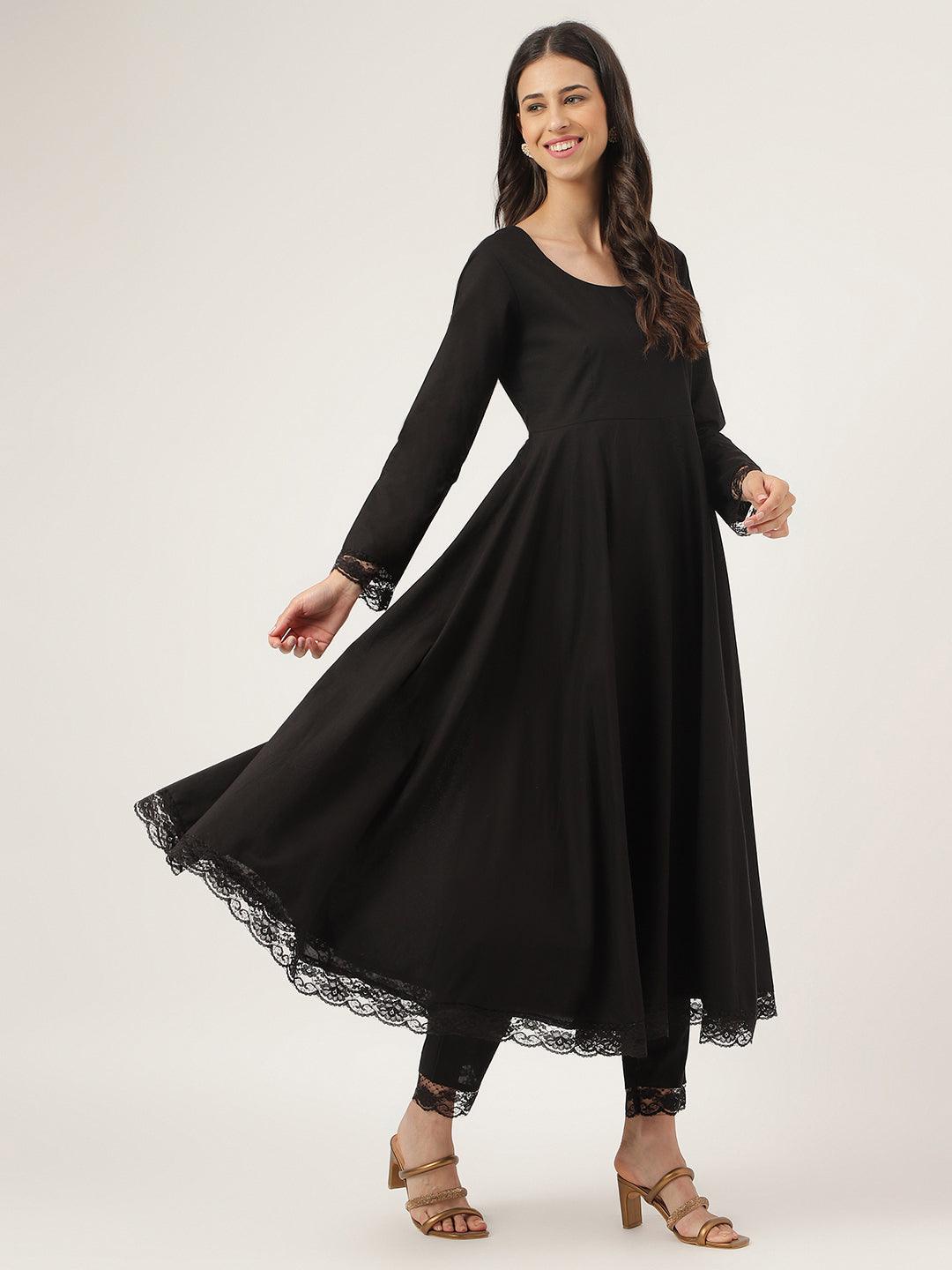 Black Solid Anarkali Kurta Pant Set With Dupatta | LASVINI - Redefining Indian Fashion with Elegance