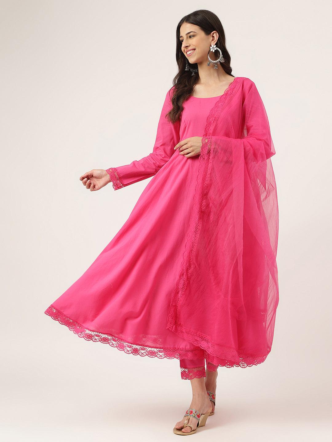 Pink Solid Anarkali Kurta Pant Set With Dupatta | LASVINI - Redefining Indian Fashion with Elegance