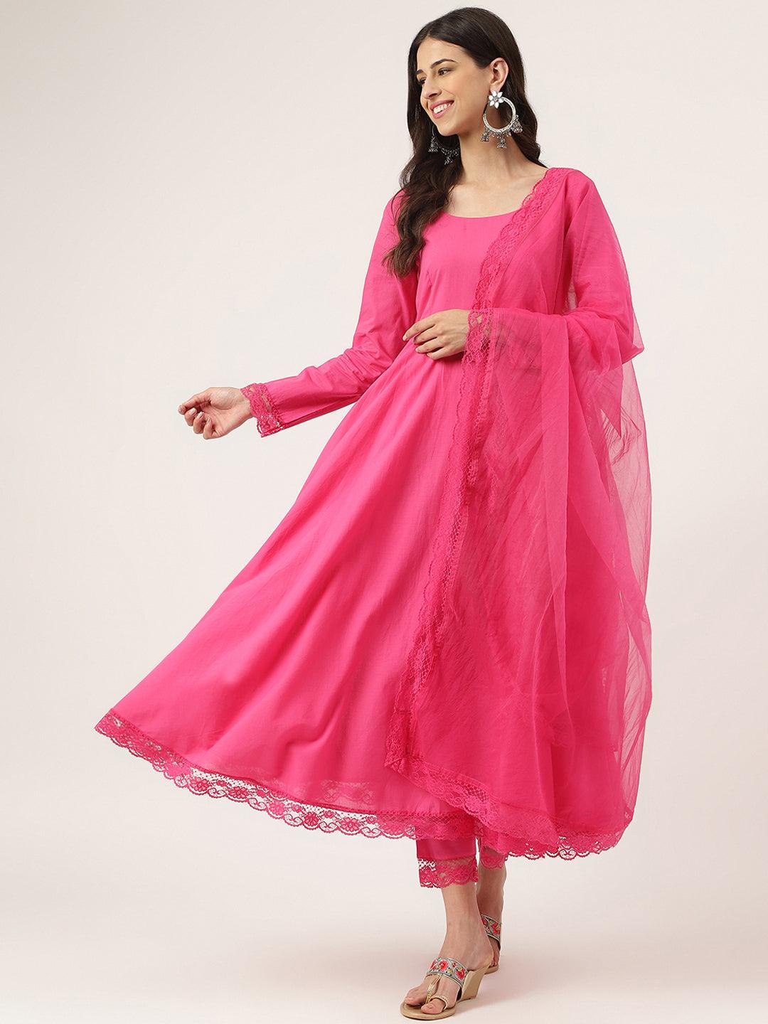 Pink Solid Anarkali Kurta Pant Set With Dupatta | LASVINI - Redefining Indian Fashion with Elegance