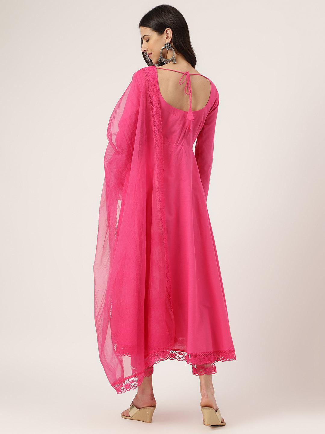 Pink Solid Anarkali Kurta Pant Set With Dupatta | LASVINI - Redefining Indian Fashion with Elegance